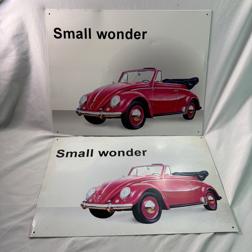 Vintage 1996 Volkswagen Beetle Small Wonder Tin Metal Sign Set of 2 Red VW Bug